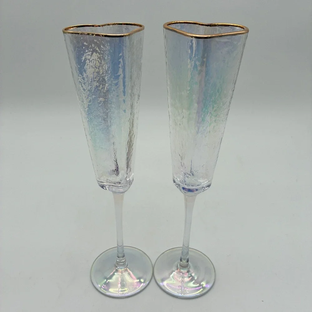 2 Iridescent Heart Shaped Long‎ Stemmed Champagne Flutes Gold Rim Textured Glass